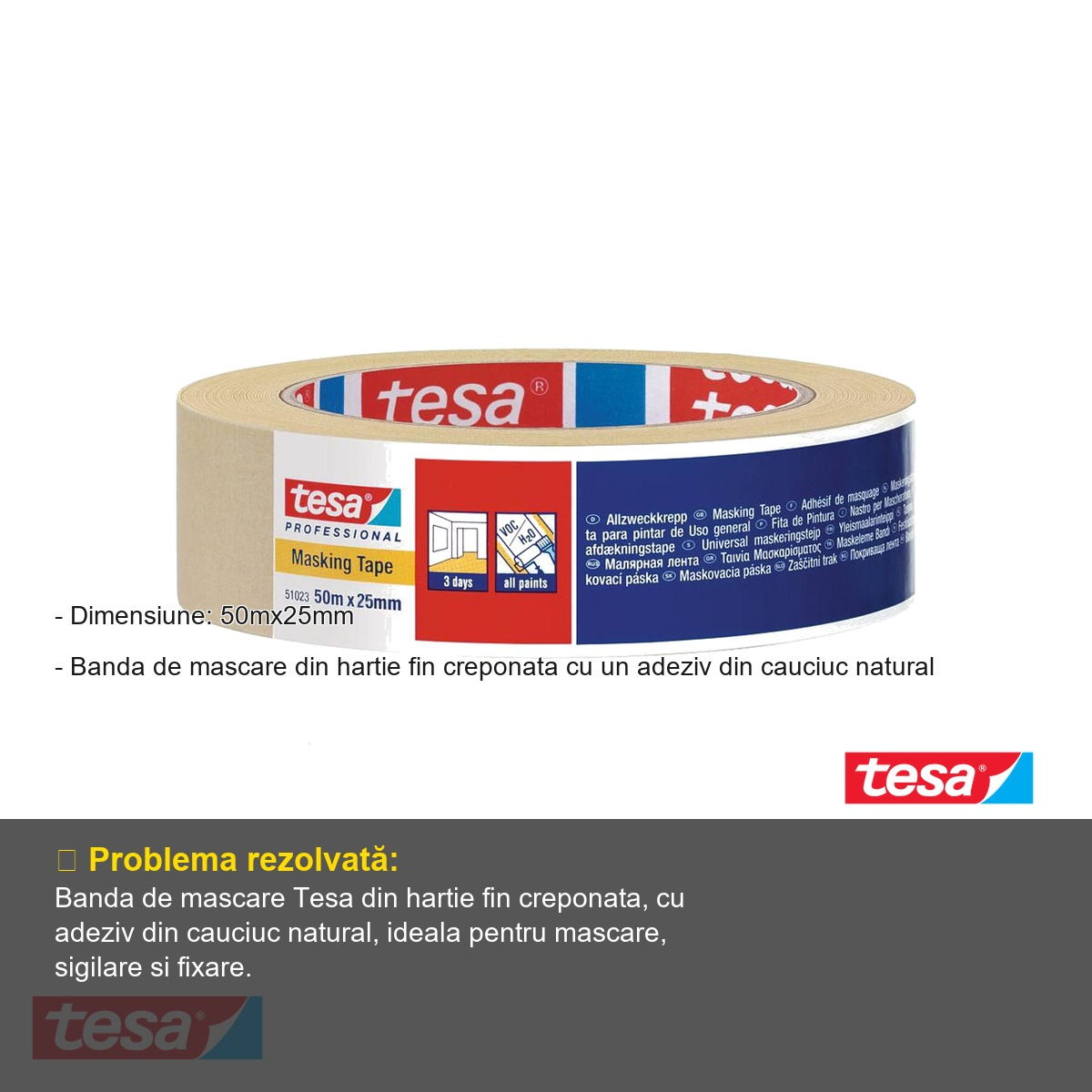 Banda adeziva de mascare Tesa, hartie fin creponata cu adeziv din cauciuc natural, 50m x 25mm, uz general [2]