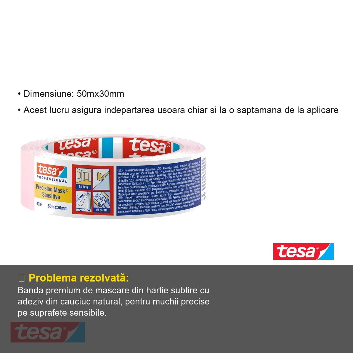 Banda adeziva de mascare Tesa, precizie ridicata, pentru suprafete sensibile, 30mm x 50m [3]