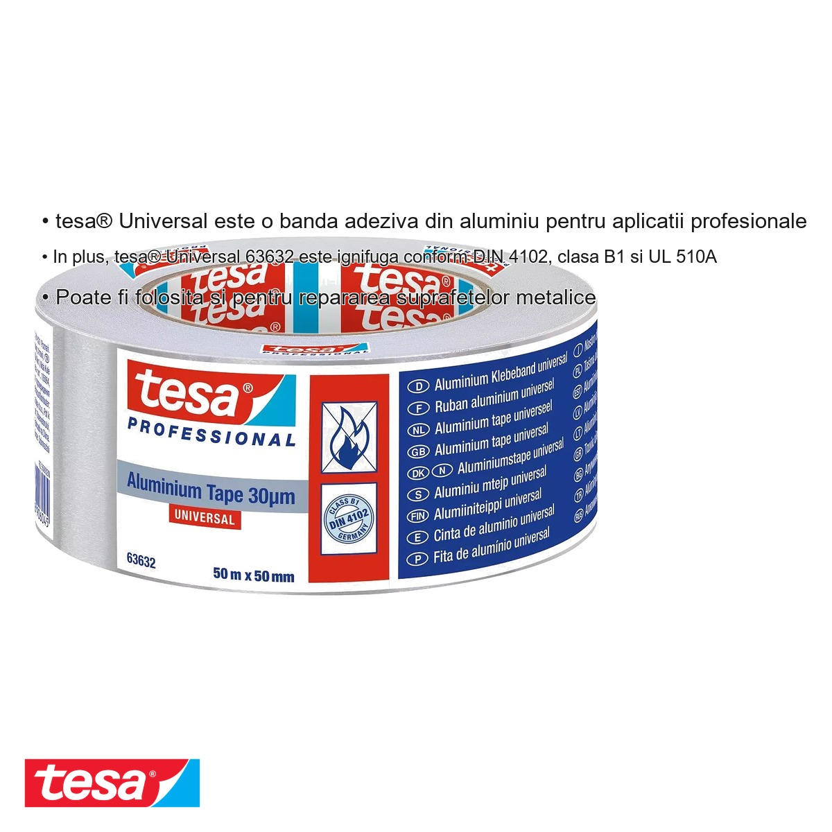 Banda adeziva din aluminiu Tesa Universal 63632, rezistenta termic si ignifuga, 50m x 50mm, pentru etansare si izolatie [6]
