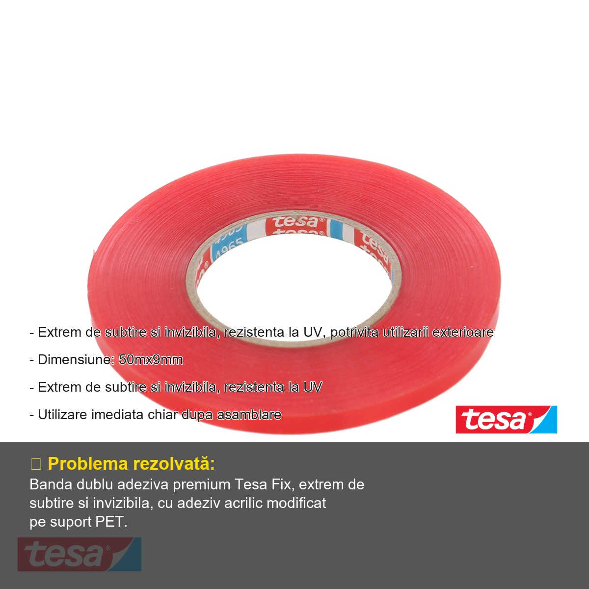 Banda adeziva dublu fata transparenta Tesa Fix, suport PET acrilic, rezistenta UV, 50m x 9mm [2]