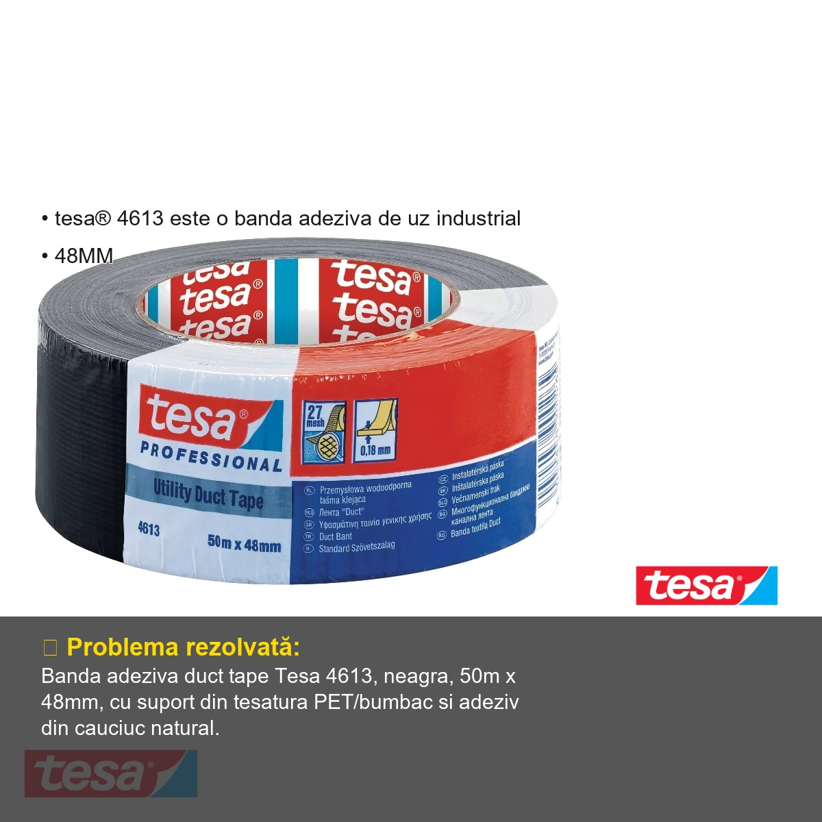 Banda adeziva duct tape neagra Tesa 4613, rezistenta la apa, uz industrial, 50m x 48mm [6]