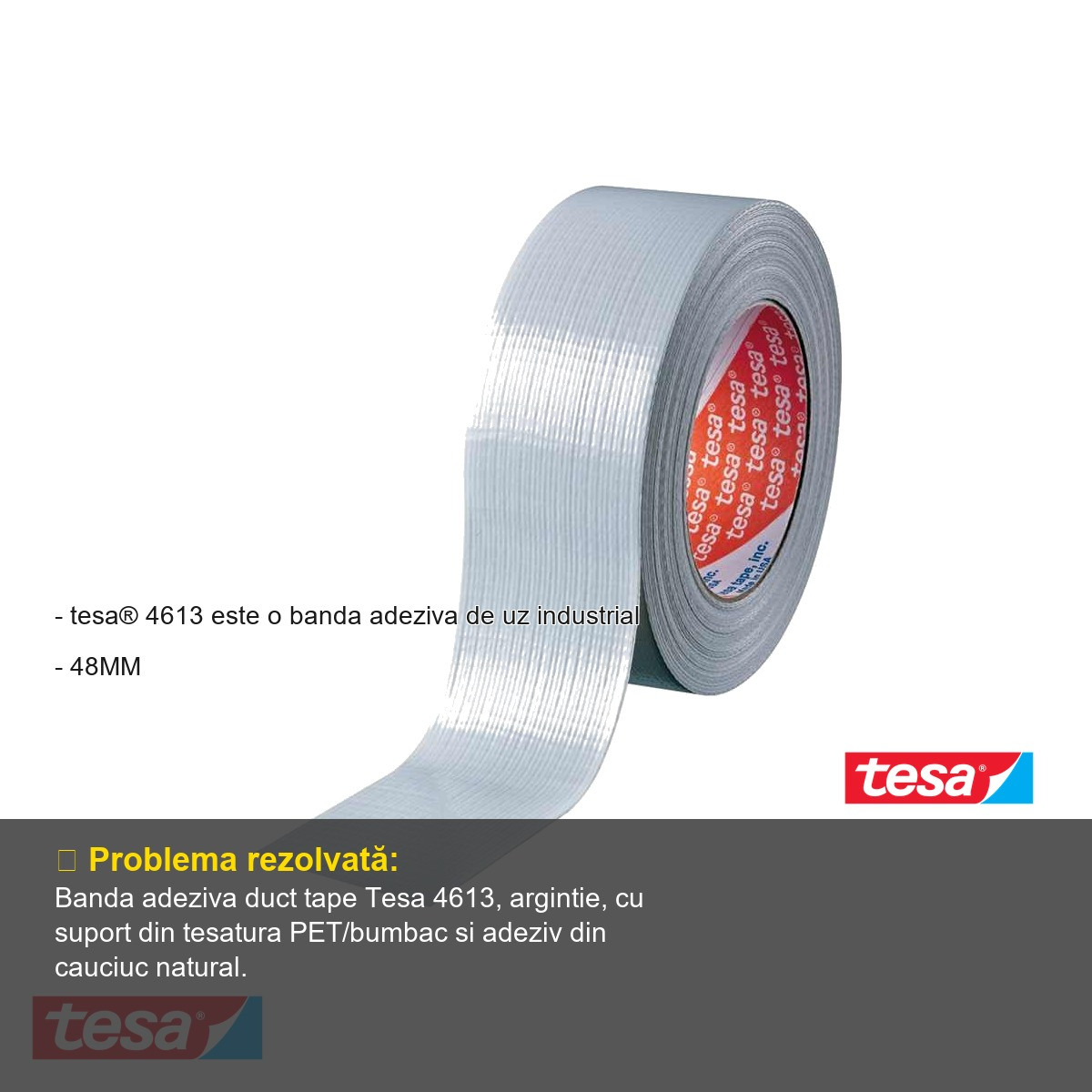 Banda adeziva duct tape Tesa 4613, argintie, rezistenta la apa, 48mm x 50m, uz industrial [2]