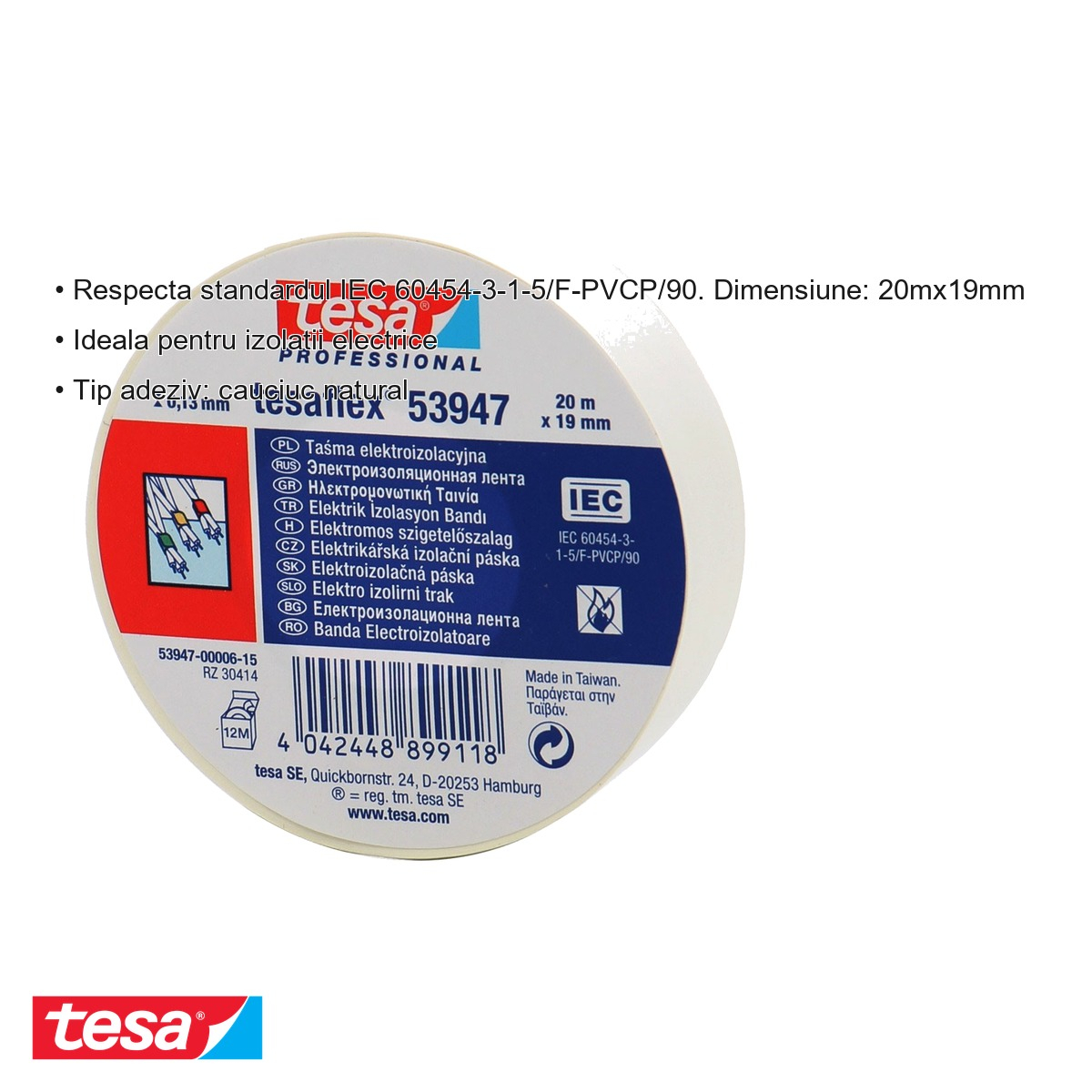 Banda adeziva electroizolatoare Tesa, PVC moale alb, ignifuga, 20m x 19mm, pentru izolarea si marcarea cablurilor electrice [3]