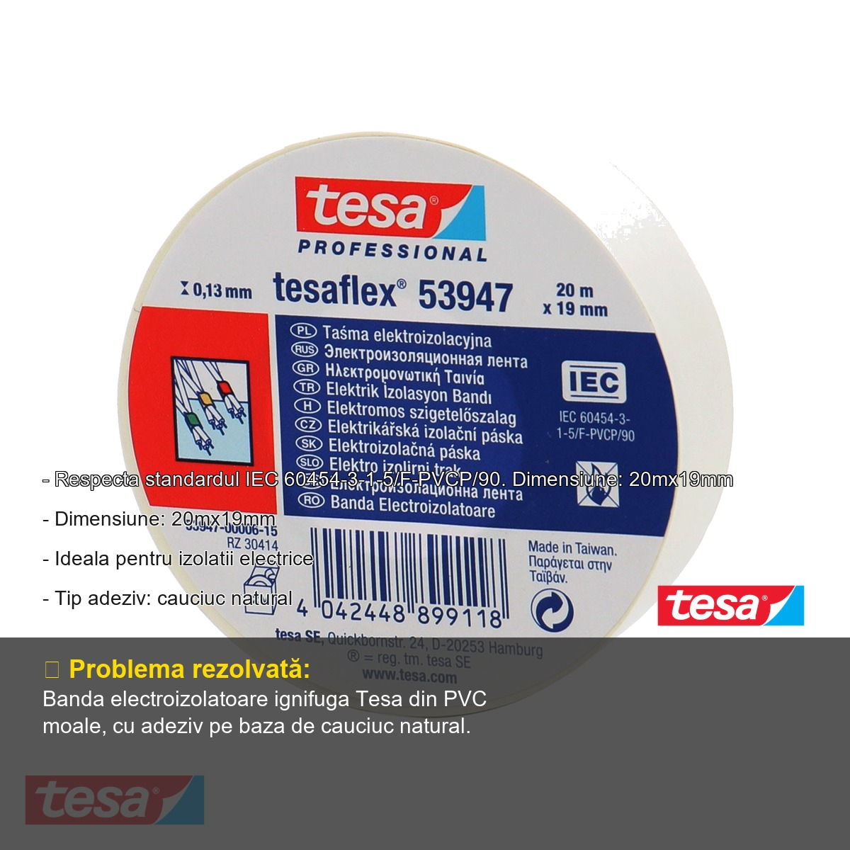 Banda adeziva electroizolatoare Tesa, PVC moale alb, ignifuga, 20m x 19mm, pentru izolarea si marcarea cablurilor electrice [2]