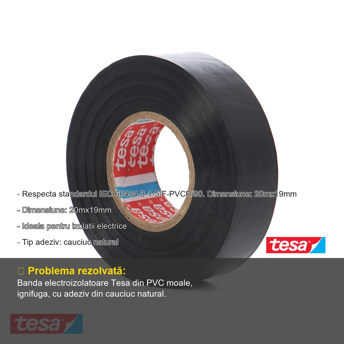 Banda adeziva electroizolatoare Tesa, PVC moale ignifug, 20m x 19mm, neagra, pentru cabluri electrice [3]