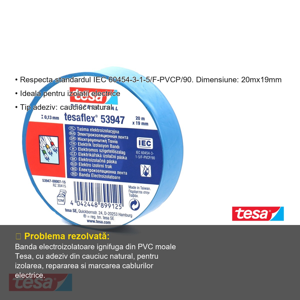 Banda adeziva electroizolatoare Tesa, PVC moale ignifug, albastra, 20m x 19mm, pentru izolarea si marcarea cablurilor electrice [3]