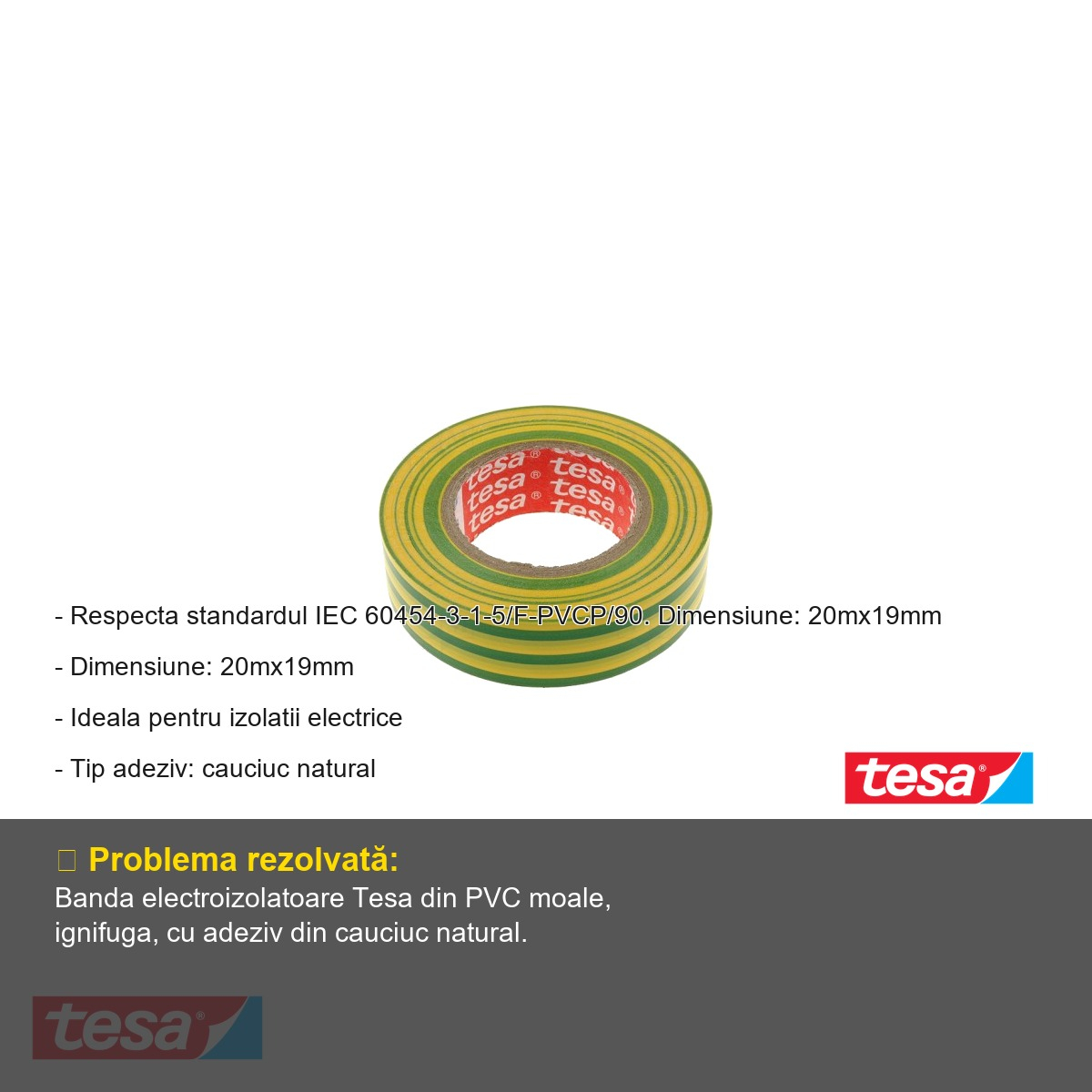 Banda adeziva electroizolatoare Tesa, PVC moale ignifug, galben/verde, 20m x 19mm, pentru izolarea si marcarea cablurilor electrice [3]
