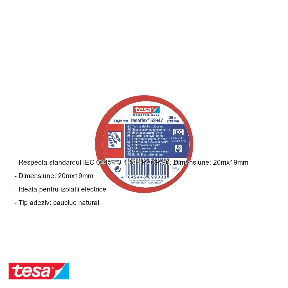 Banda adeziva electroizolatoare Tesa, PVC moale ignifug, rosie, 20m x 19mm, pentru izolarea si marcarea cablurilor electrice [2]