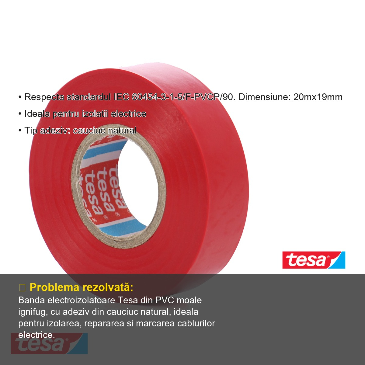 Banda adeziva electroizolatoare Tesa, PVC moale ignifug, rosie, 20m x 19mm, pentru izolarea si marcarea cablurilor electrice [3]