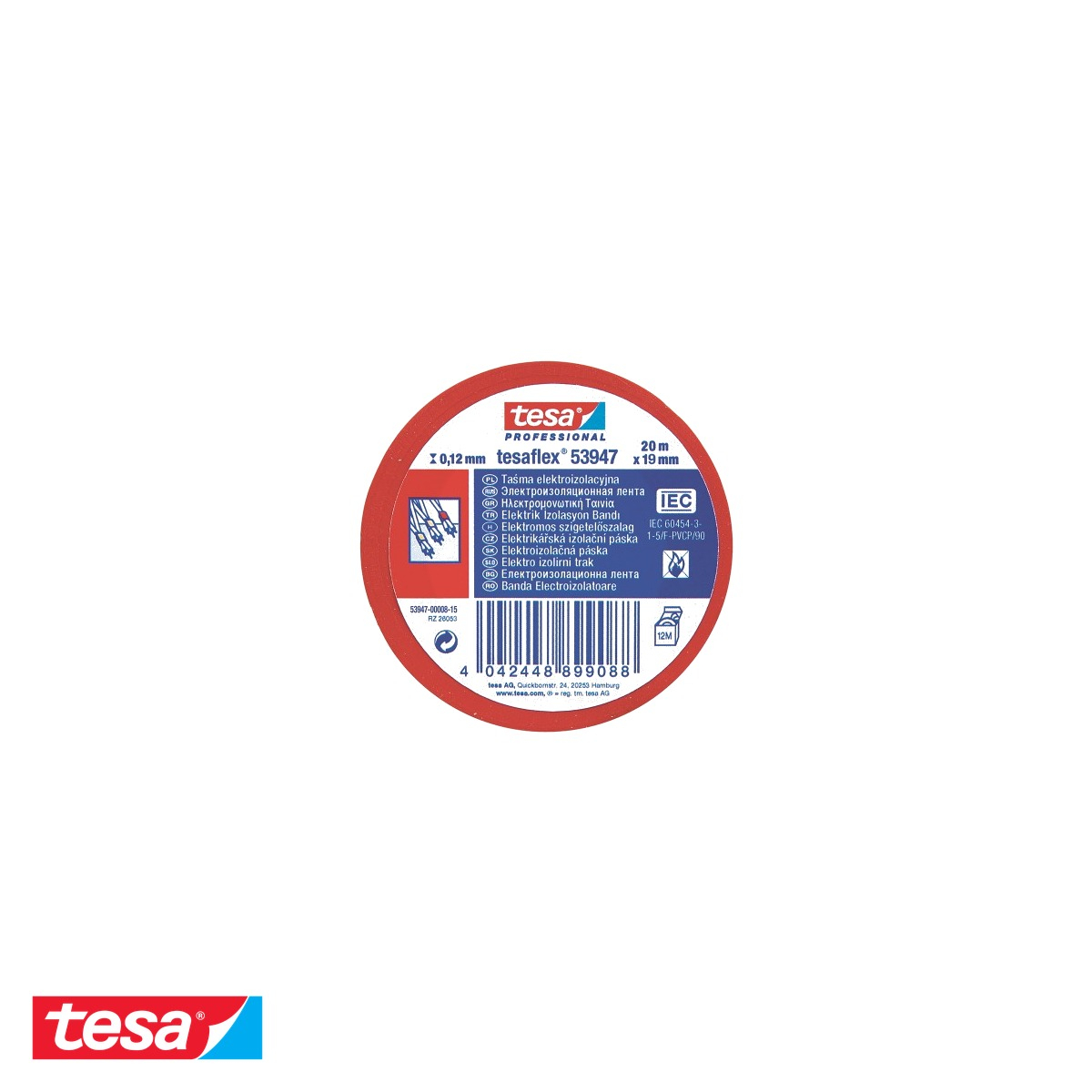 Banda adeziva electroizolatoare Tesa, PVC moale ignifug, rosie, 20m x 19mm, pentru izolarea si marcarea cablurilor electrice [4]
