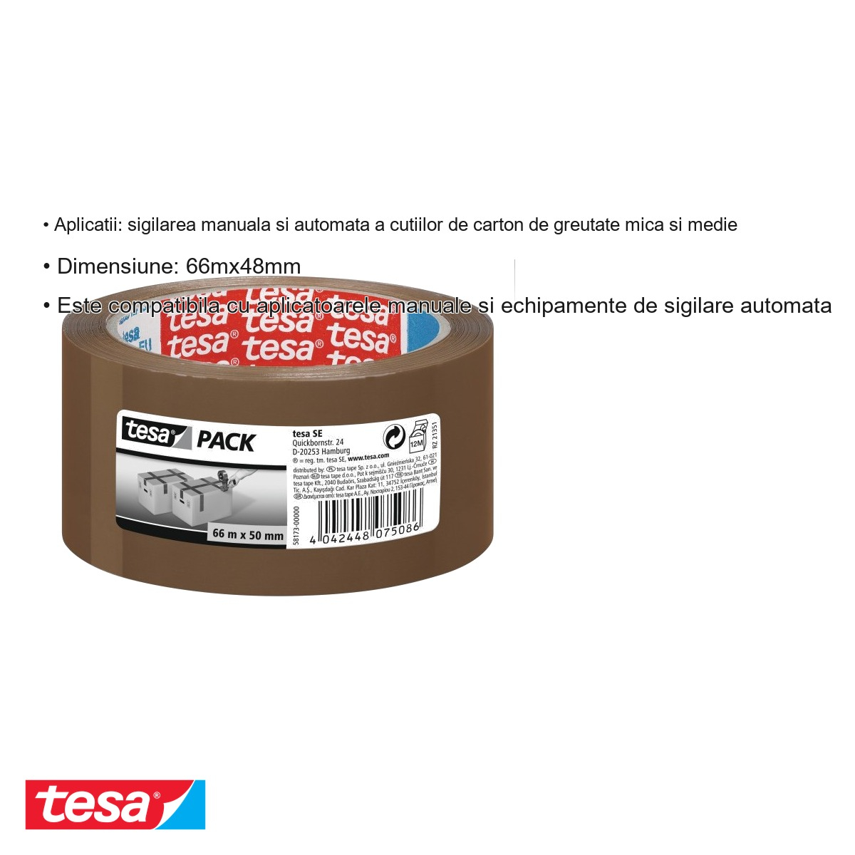 Banda adeziva maro Tesa, folie polipropilena 25 microni, adeziv cauciuc sintetic, sigilare cutii carton, 66m x 48mm [3]