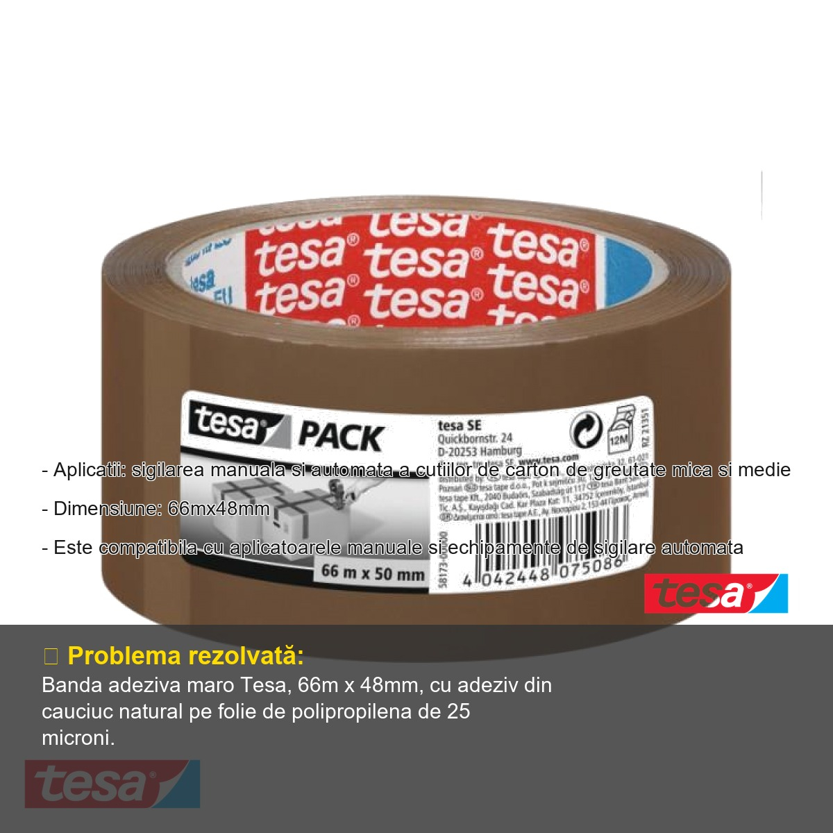 Banda adeziva maro Tesa, folie polipropilena cu adeziv cauciuc natural, 66m x 48mm, pentru sigilare cutii carton [2]