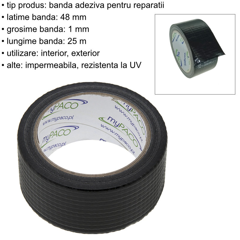 Banda adeziva pentru reparatii din cauciuc armat, myPaco 2871, 48mm latime, 25m lungime, neagra [5]