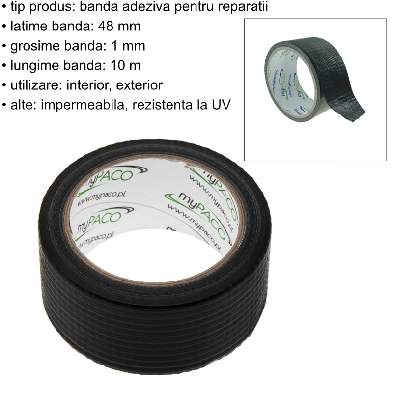 Banda adeziva pentru reparatii din cauciuc armat, myPaco 2876, 48mm latime, 10m lungime, neagra [5]