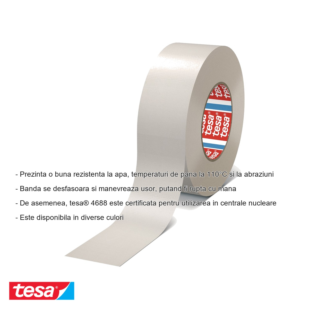 Banda adeziva textila alba Tesa 4688, rezistenta la apa si temperaturi ridicate, pentru reparatii si ambalare, 25m x 50mm [4]