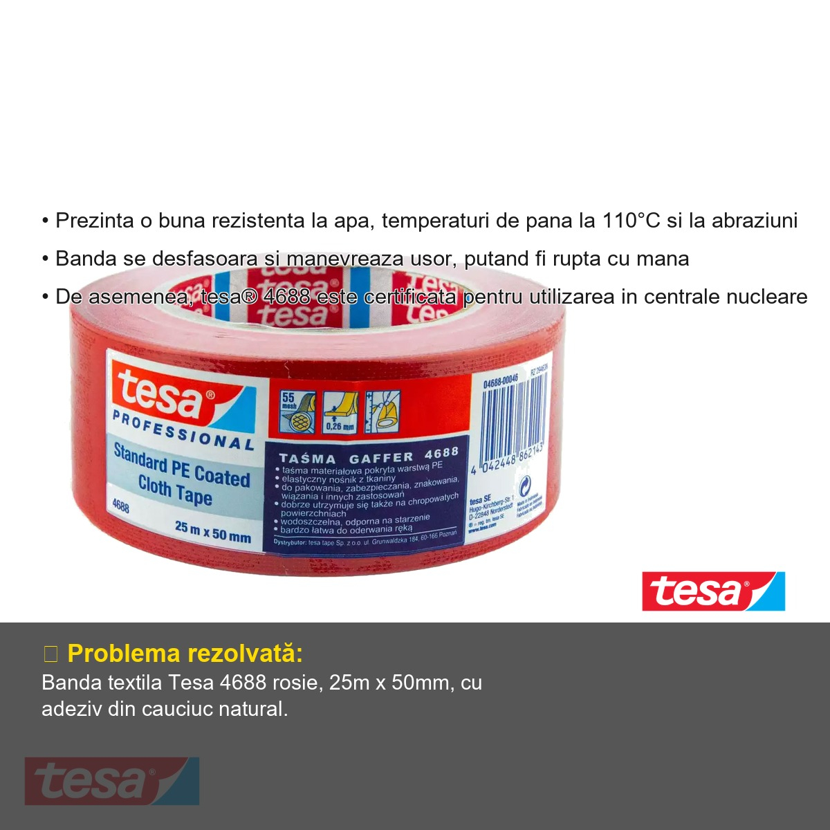 Banda adeziva textila rosie Tesa 4688, rezistenta la apa si caldura, 25m x 50mm, pentru reparatii si ambalare [3]
