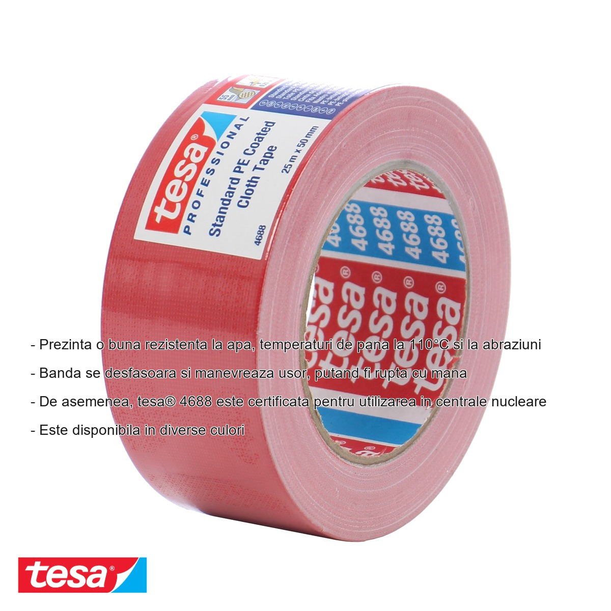 Banda adeziva textila rosie Tesa 4688, rezistenta la apa si caldura, 25m x 50mm, pentru reparatii si ambalare [2]
