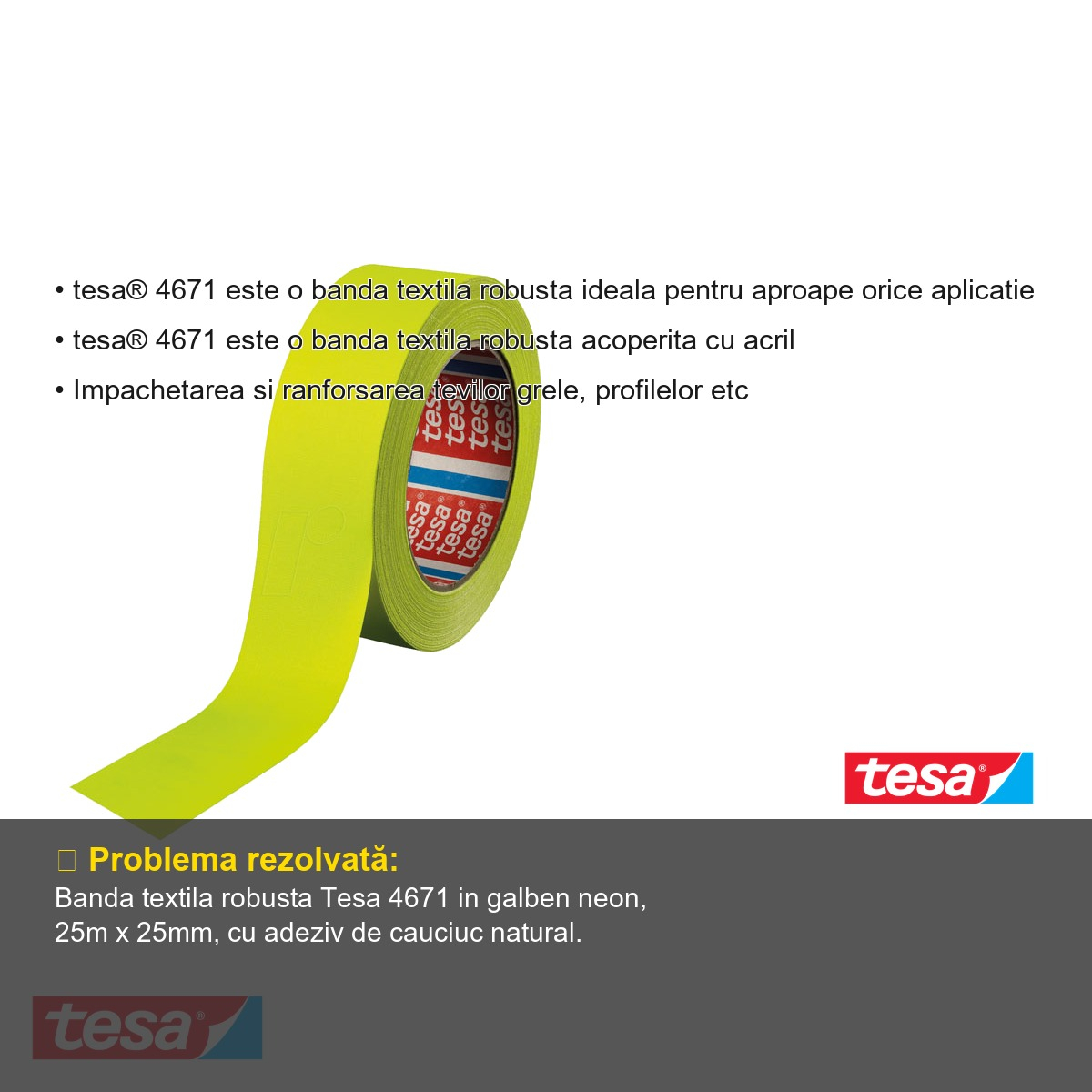 Banda adeziva textila Tesa 4671, galben neon, 25m x 25mm, pentru marcare si ambalare [3]