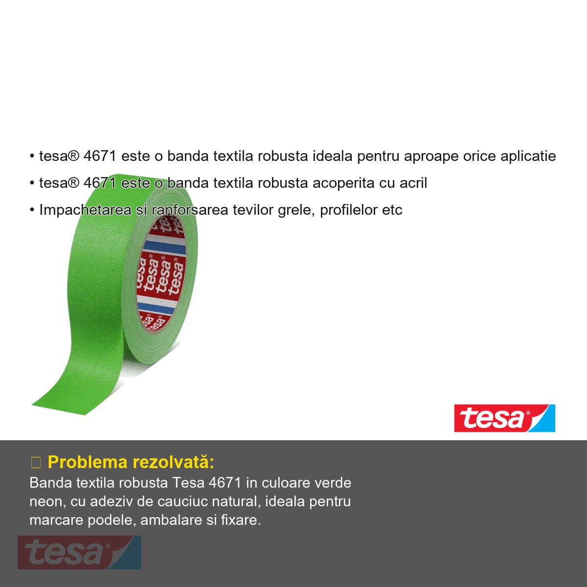 Banda adeziva textila Tesa 4671 verde neon, rezistenta, 25m x 25mm, pentru marcare si ambalare [3]