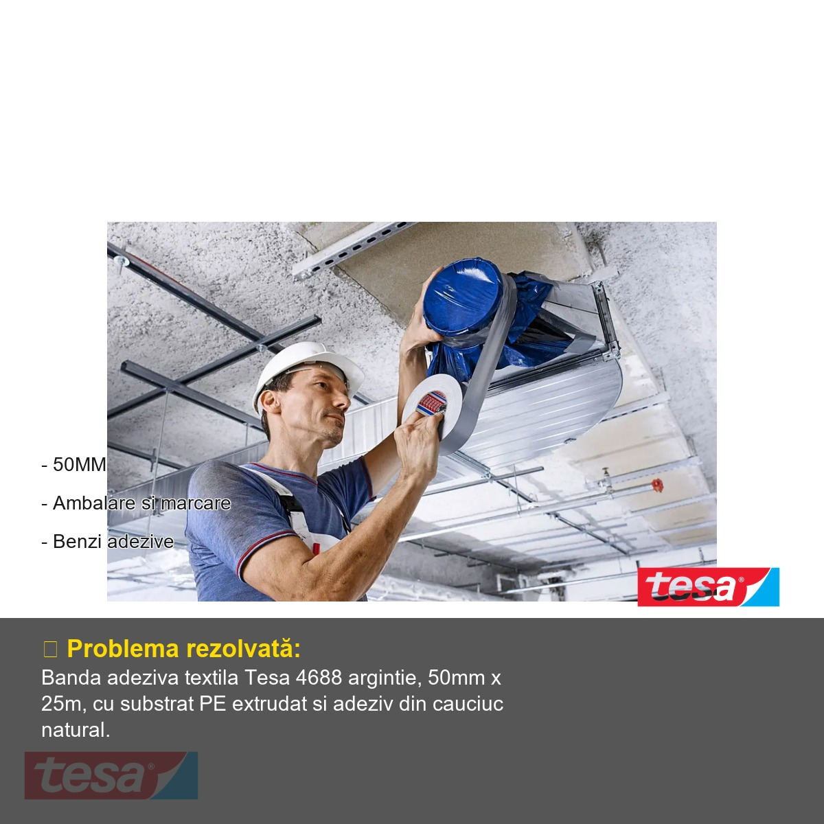 Banda adeziva textila Tesa 4688, argintie, rezistenta si impermeabila, 50mm x 25m, pentru reparatii si mesteri [4]