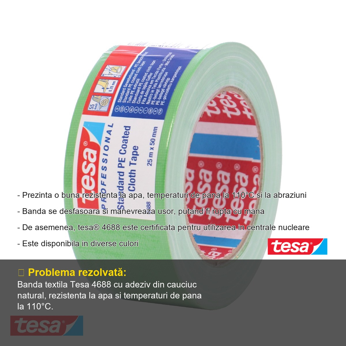 Banda adeziva textila verde Tesa 4688, rezistenta la apa si abraziuni, 25m x 50mm, pentru reparatii si fixare [2]