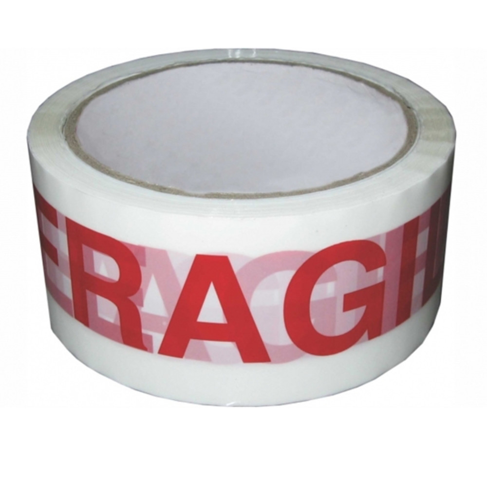 Banda adeziva tip scotch, 50 mm x 66 m, ''FRAGILE'', solvent, 43 microni , alb cu rosu [6]
