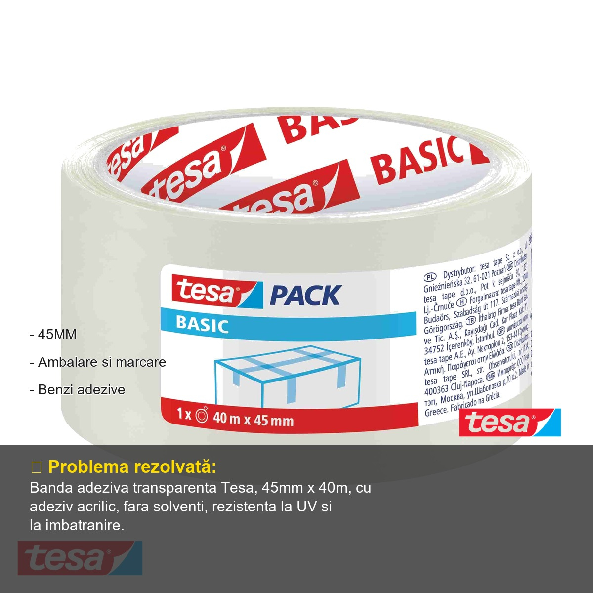 Banda adeziva transparenta Tesa, acril, rezistenta UV, pentru ambalare cutii si cartoane, 45mm x 40m [2]