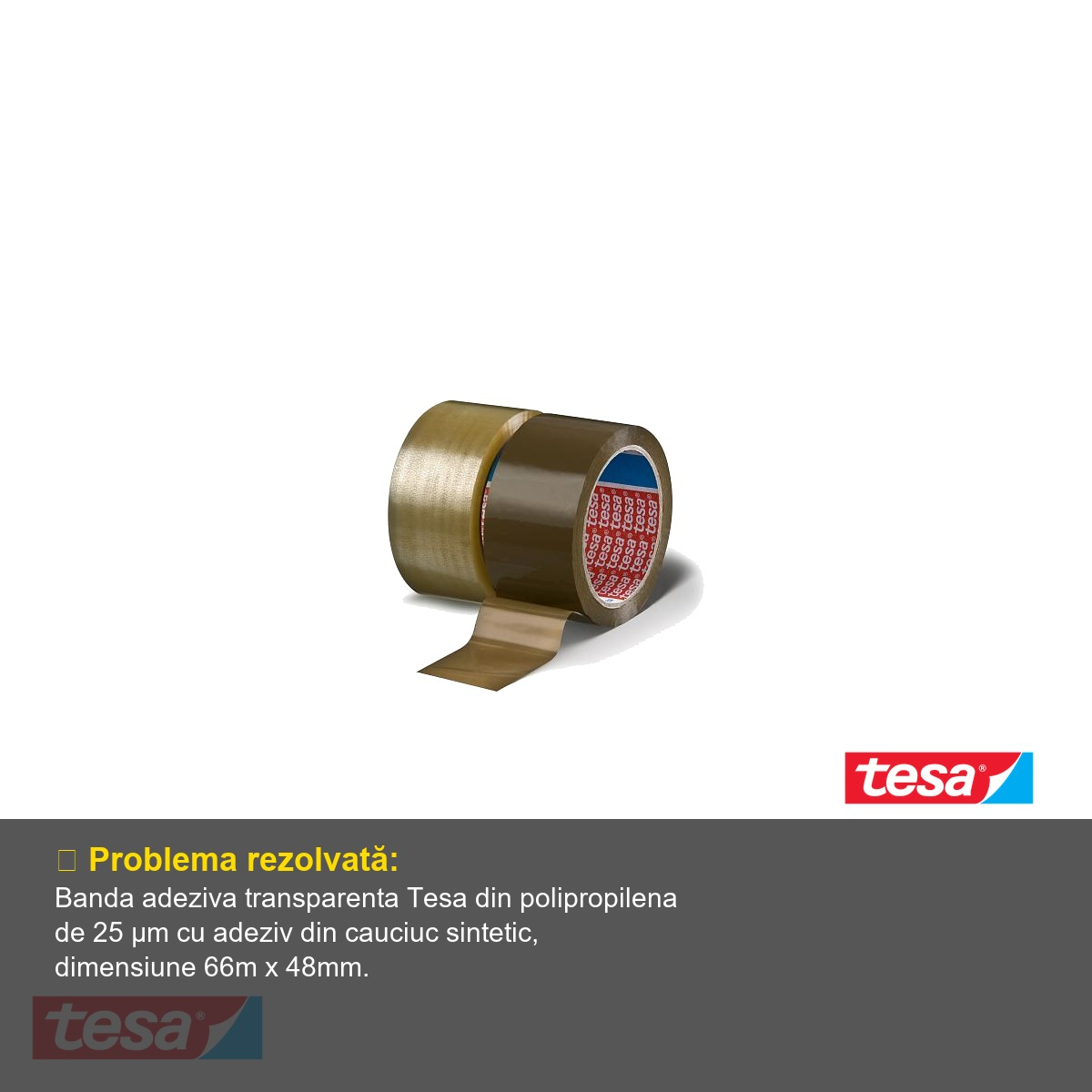 Banda adeziva transparenta Tesa, polipropilena 25 µm, adeziv cauciuc sintetic, 66m x 48mm, pentru sigilare cutii carton [4]