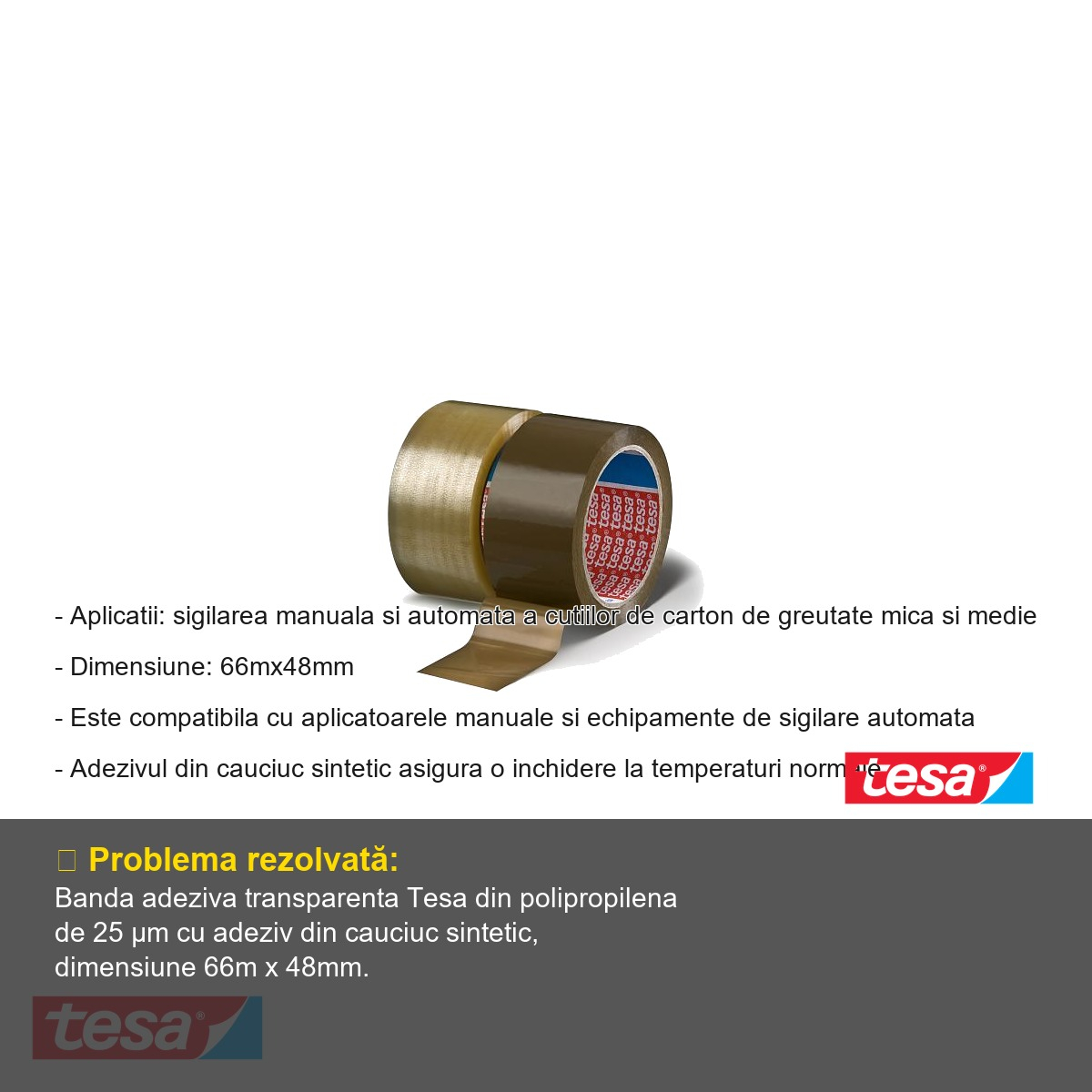Banda adeziva transparenta Tesa, polipropilena 25 µm, adeziv cauciuc sintetic, 66m x 48mm, pentru sigilare cutii carton [2]