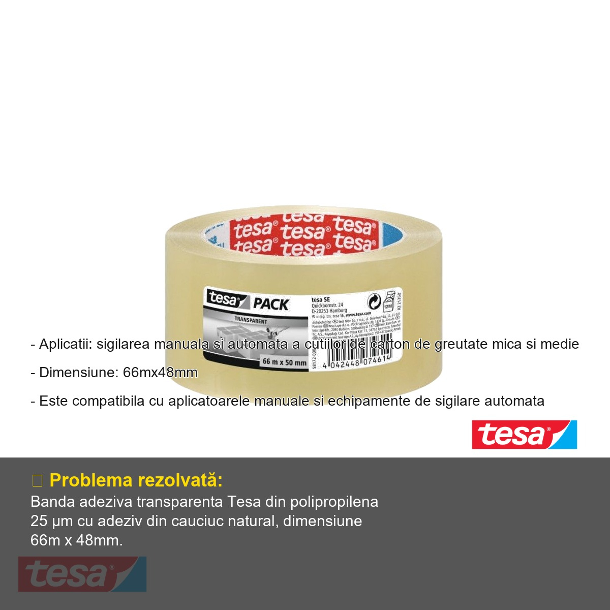Banda adeziva transparenta Tesa, polipropilena 25 µm cu adeziv cauciuc natural, 66m x 48mm, pentru sigilare manuala si automata cutii carton [2]