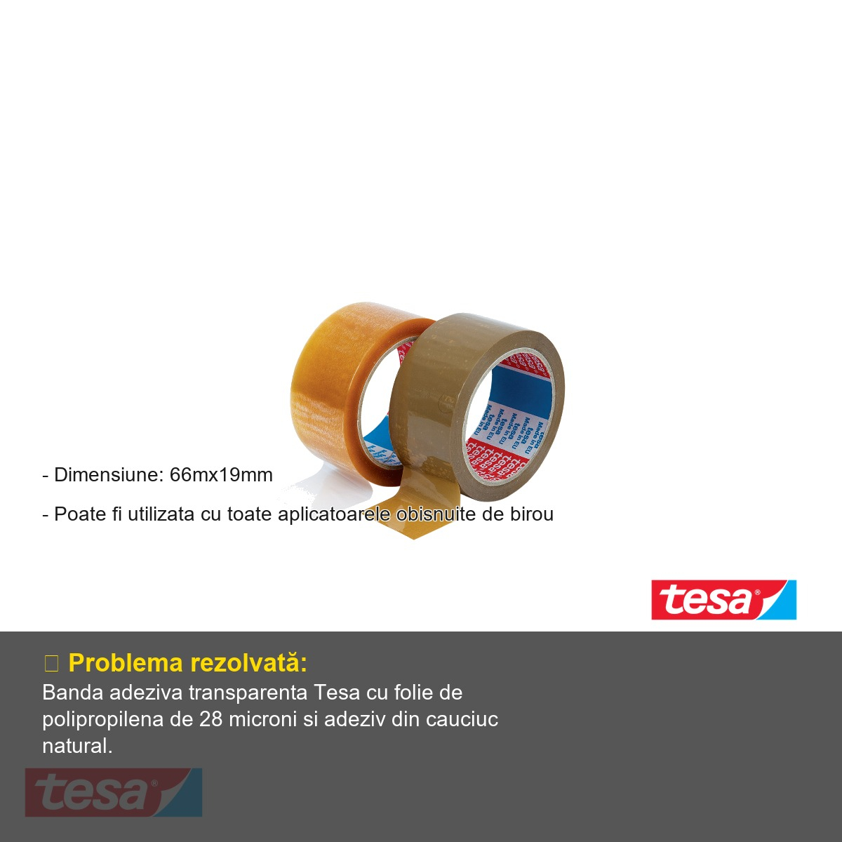 Banda adeziva transparenta Tesa, polipropilena 28 microni, 66m x 19mm, pentru sigilare si birou [3]
