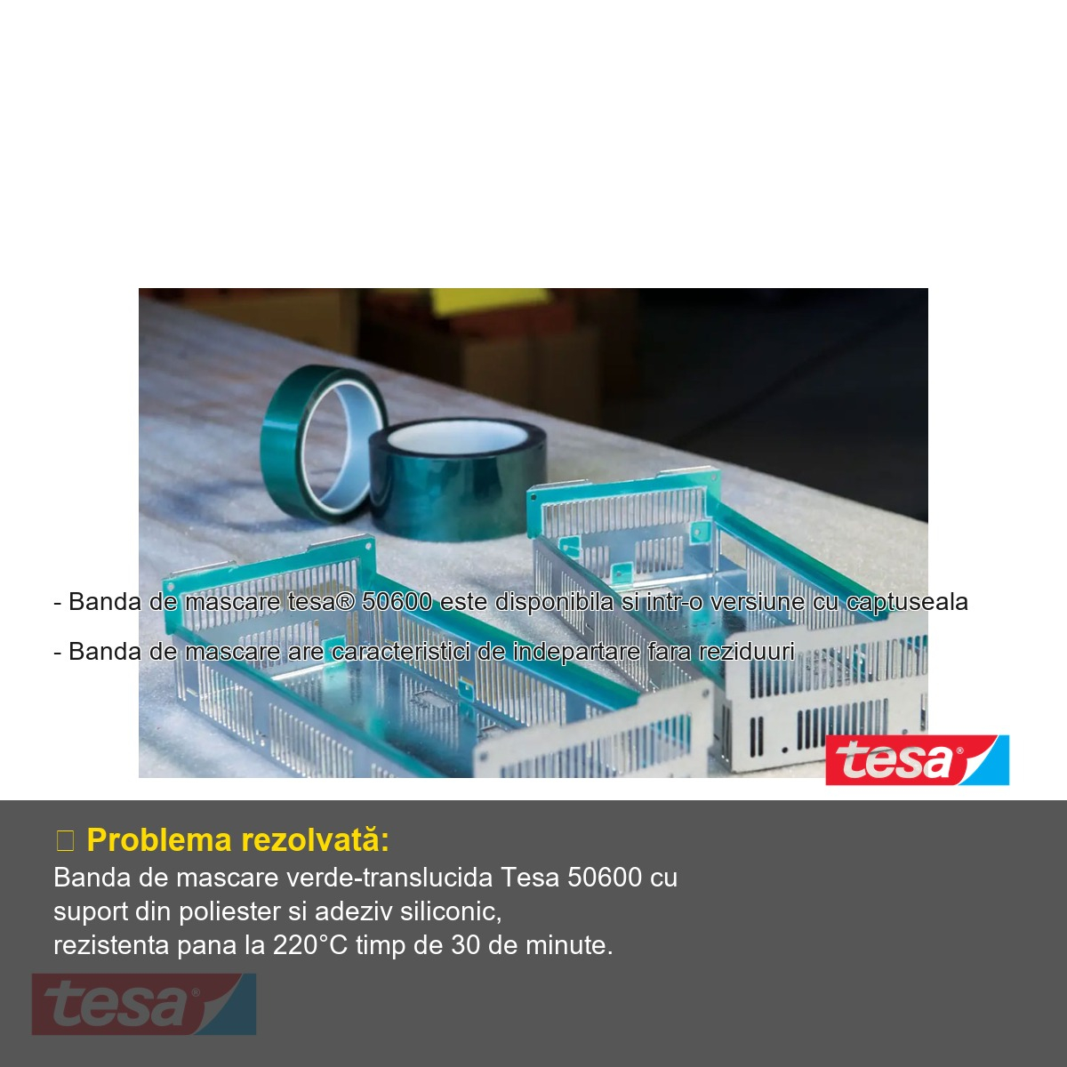 Banda adeziva verde termorezistenta Tesa 50600, suport poliester, adeziv siliconic, rezistenta 220°C, 66m x 25mm, pentru mascare electrostatica [4]