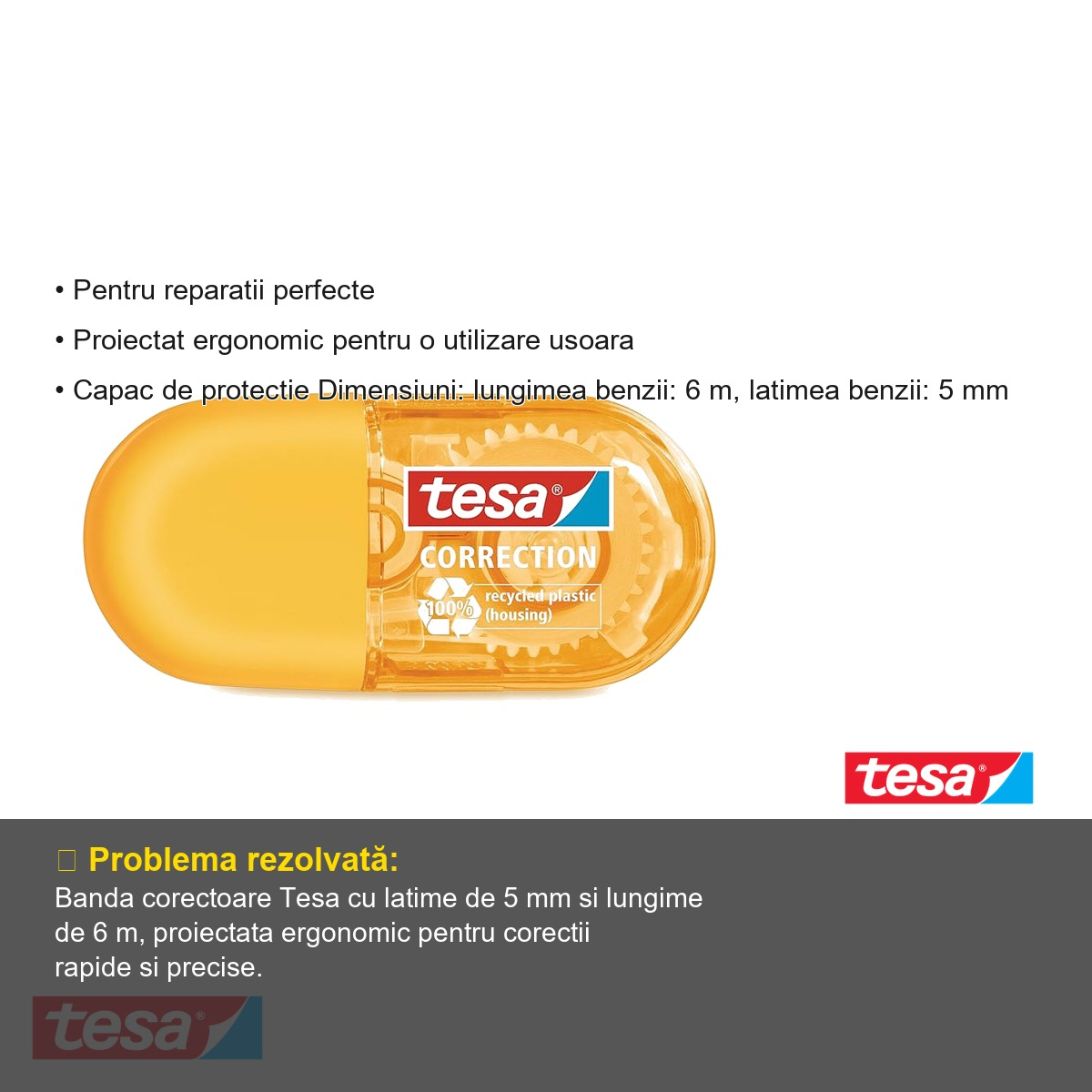 Banda corectoare Tesa, 5 mm x 6 m, suport PET rezistent, carcasa din plastic reciclat, pentru birou [3]