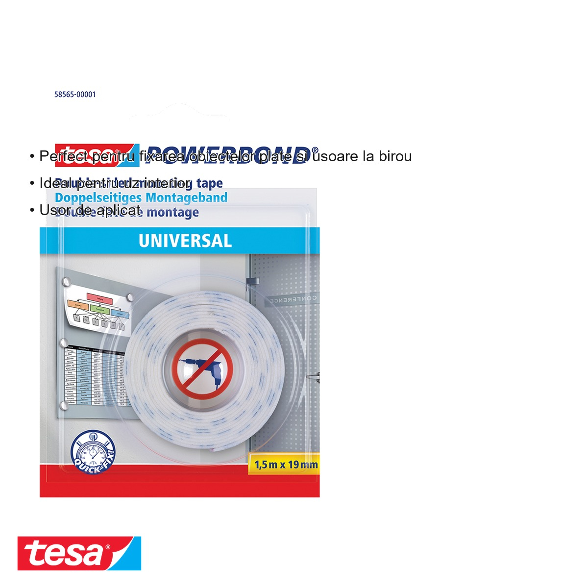 Banda dublu adeziva buretata Tesa Powerbond, fixare permanenta obiecte usoare, uz interior, 1.5m x 19mm [3]