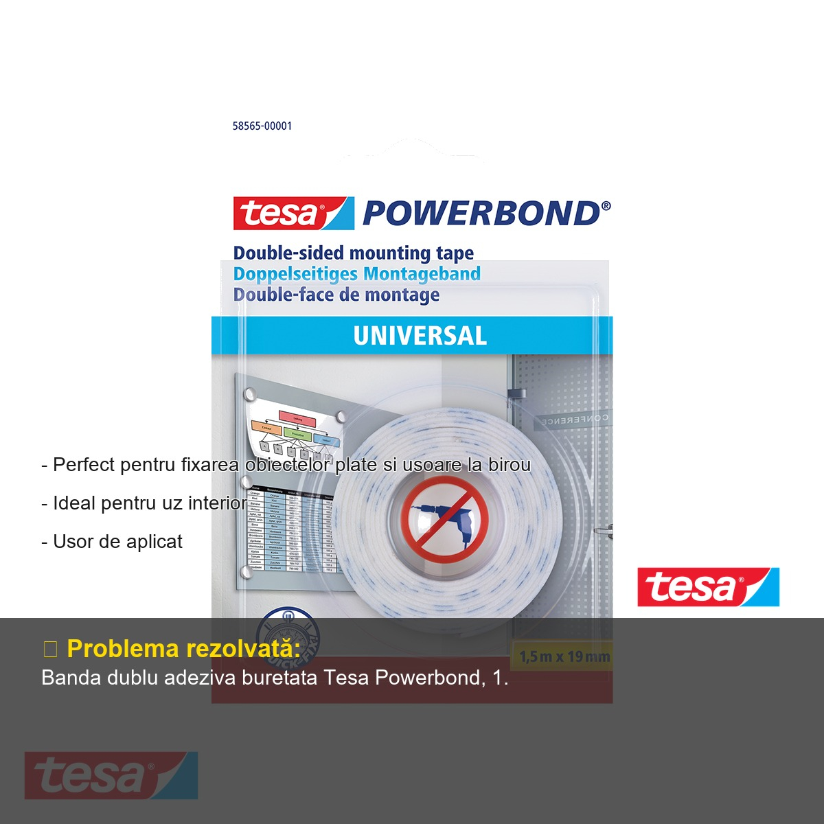 Banda dublu adeziva buretata Tesa Powerbond, fixare permanenta obiecte usoare, uz interior, 1.5m x 19mm [2]