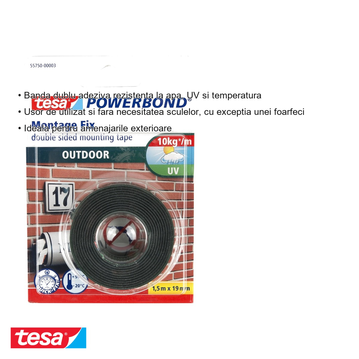 Banda dublu adeziva exterior Tesa Powerbond, transparenta, rezistenta la apa si UV, 19mm x 1.5m [3]