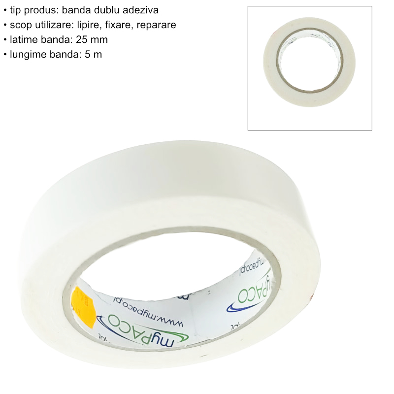 Banda dublu adeziva, myPaco 4395, 25mm latime, 5m lungime, alba [5]