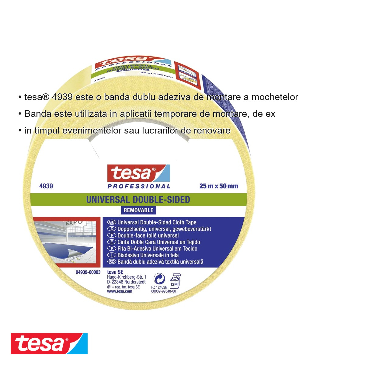 Banda dublu adeziva repozitionabila Tesa 4939, montare mocheta, 25m x 50mm, pentru evenimente si renovari [3]