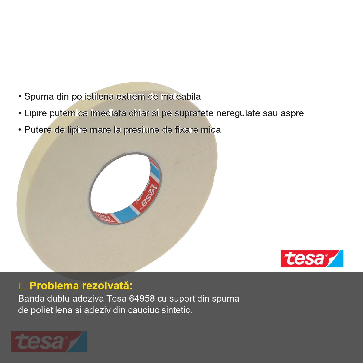 Banda dublu adeziva Tesa 64958, suport polietilena, fixare generala, 19mm x 25m [3]