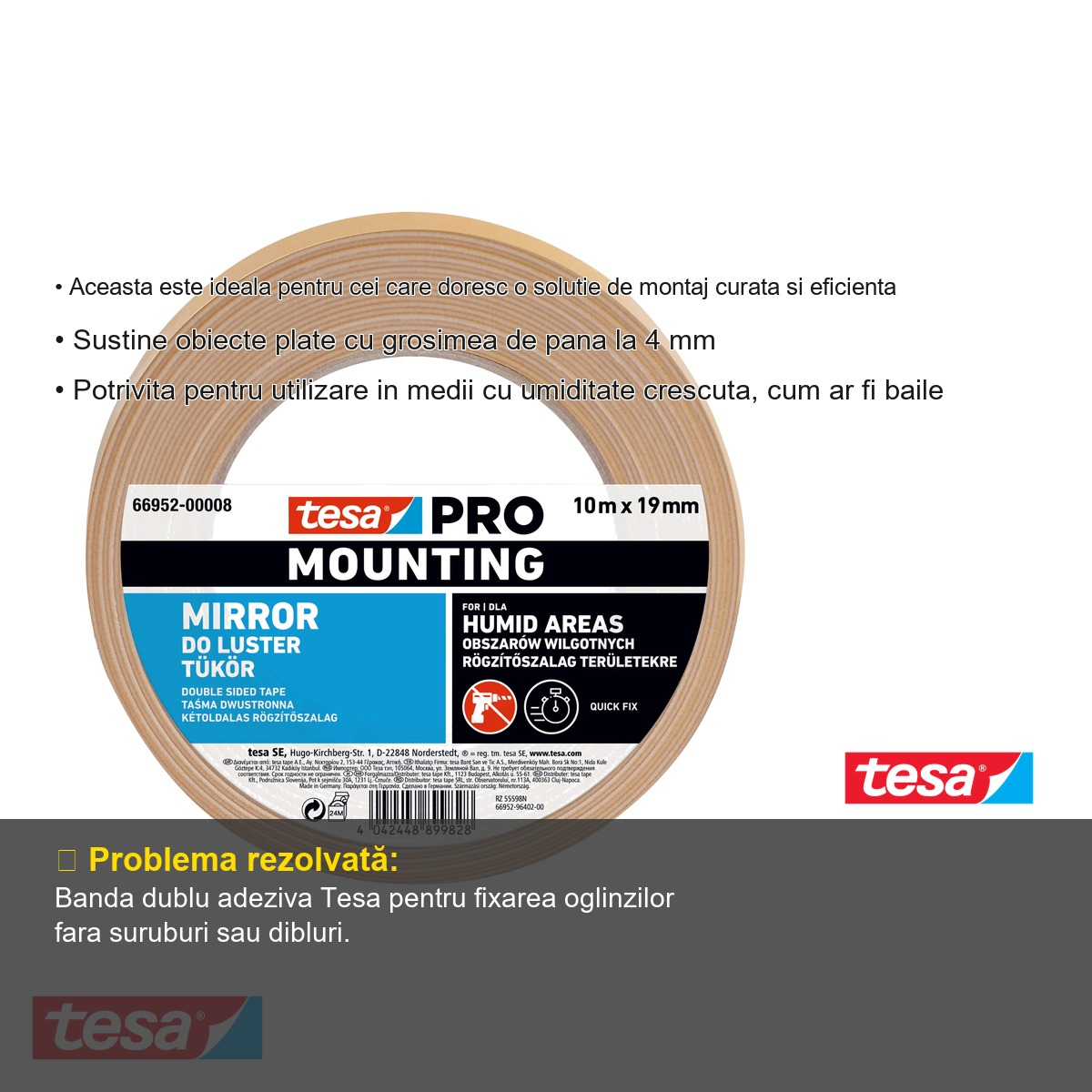 Banda dublu adeziva Tesa 66952, 19mm x 10m, pentru montaj oglinzi fara gaurire [3]
