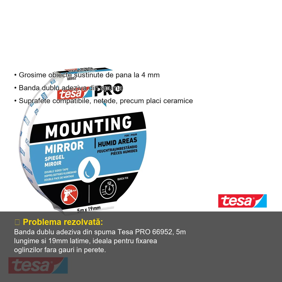 Banda dublu adeziva Tesa Pro 66952, spuma, 5m x 19mm, pentru fixare oglinzi si suprafete netede [3]