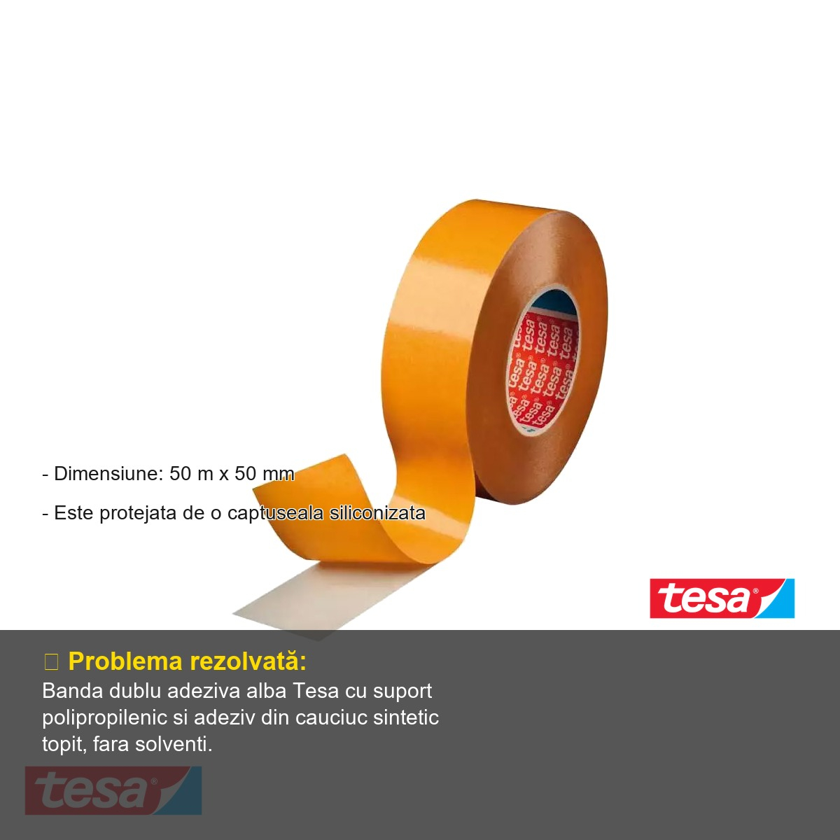 Banda dublu adeziva Tesa, suport polipropilenic cu adeziv cauciuc sintetic, fixare generala si ambalare, 50 m x 50 mm [2]