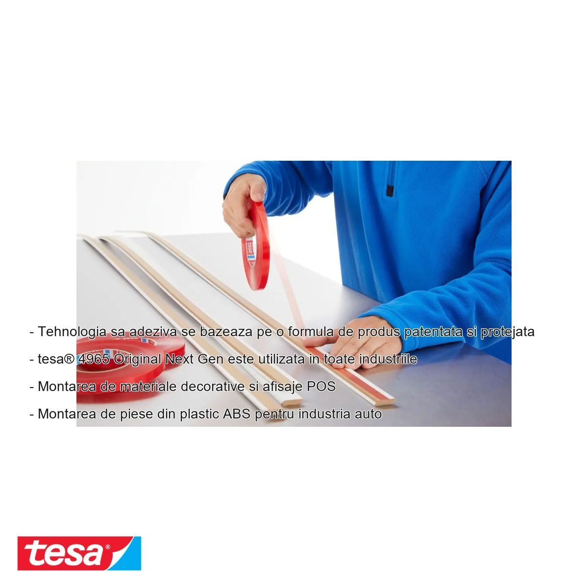 Banda dublu adeziva transparenta Tesa 4965 Original Next Gen, suport PET reciclat, 12mm x 50m, montaj industrial [2]