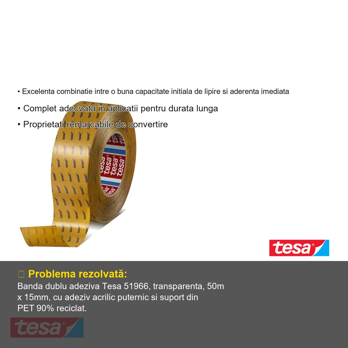 Banda dublu adeziva transparenta Tesa 51966, suport PET reciclat, adeziv acrilic puternic, 50m x 15mm, pentru montaj industrial de lunga durata [3]