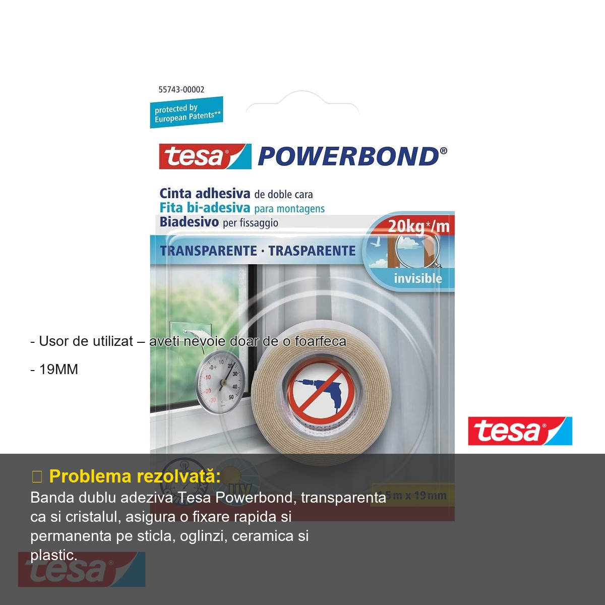 Banda dublu adeziva transparenta Tesa Powerbond, 19mm x 1.5m, fixare permanenta pe suprafete fine [4]