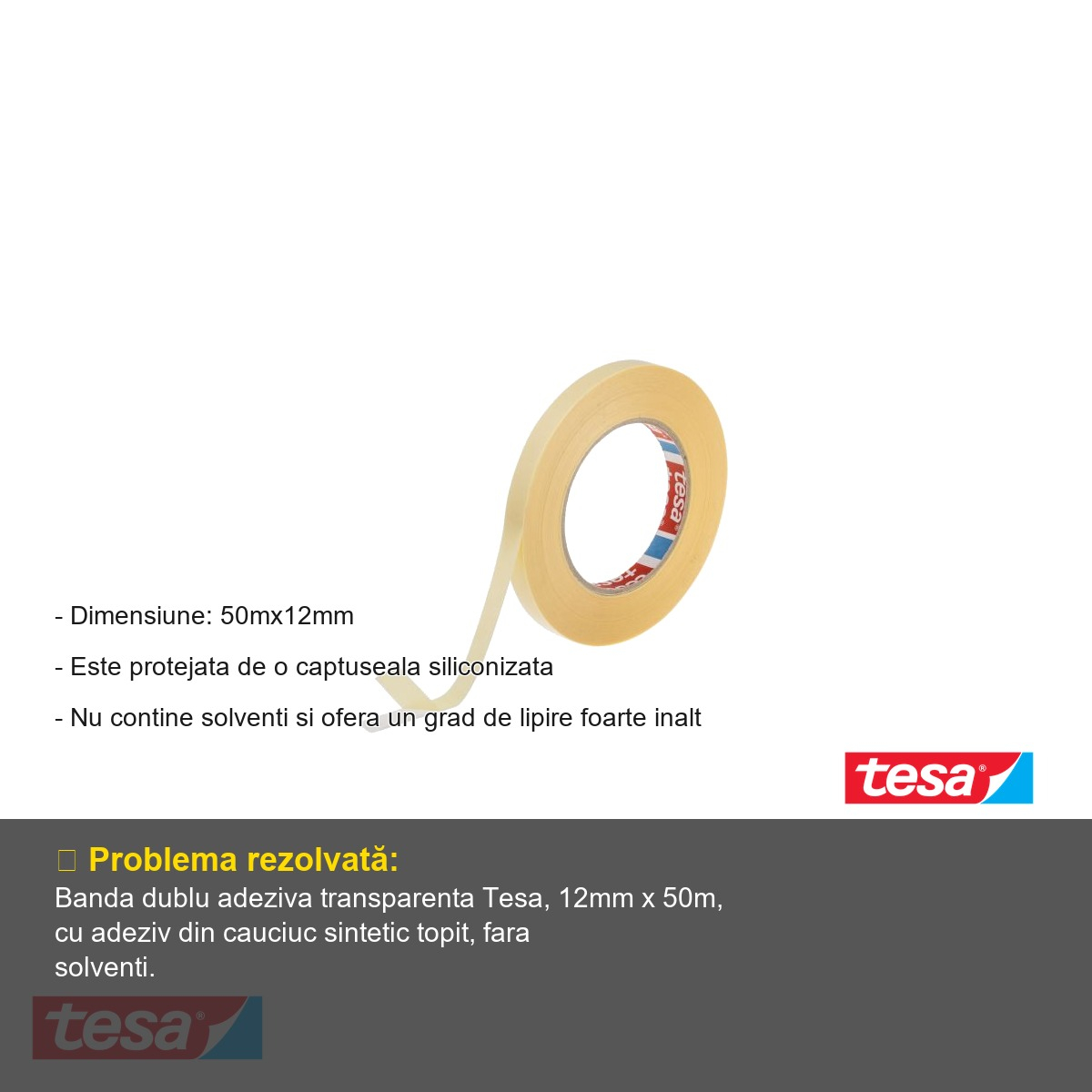 Banda dublu adeziva transparenta Tesa, suport polipropilenic, adeziv cauciuc sintetic, 12mm x 50m [2]