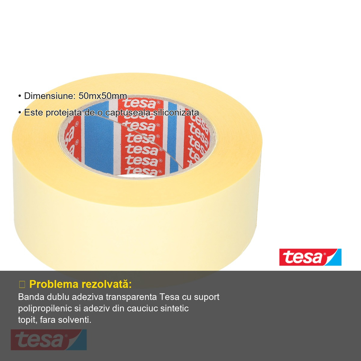 Banda dublu adeziva transparenta Tesa, suport polipropilenic, uz general, 50mm x 50m [6]