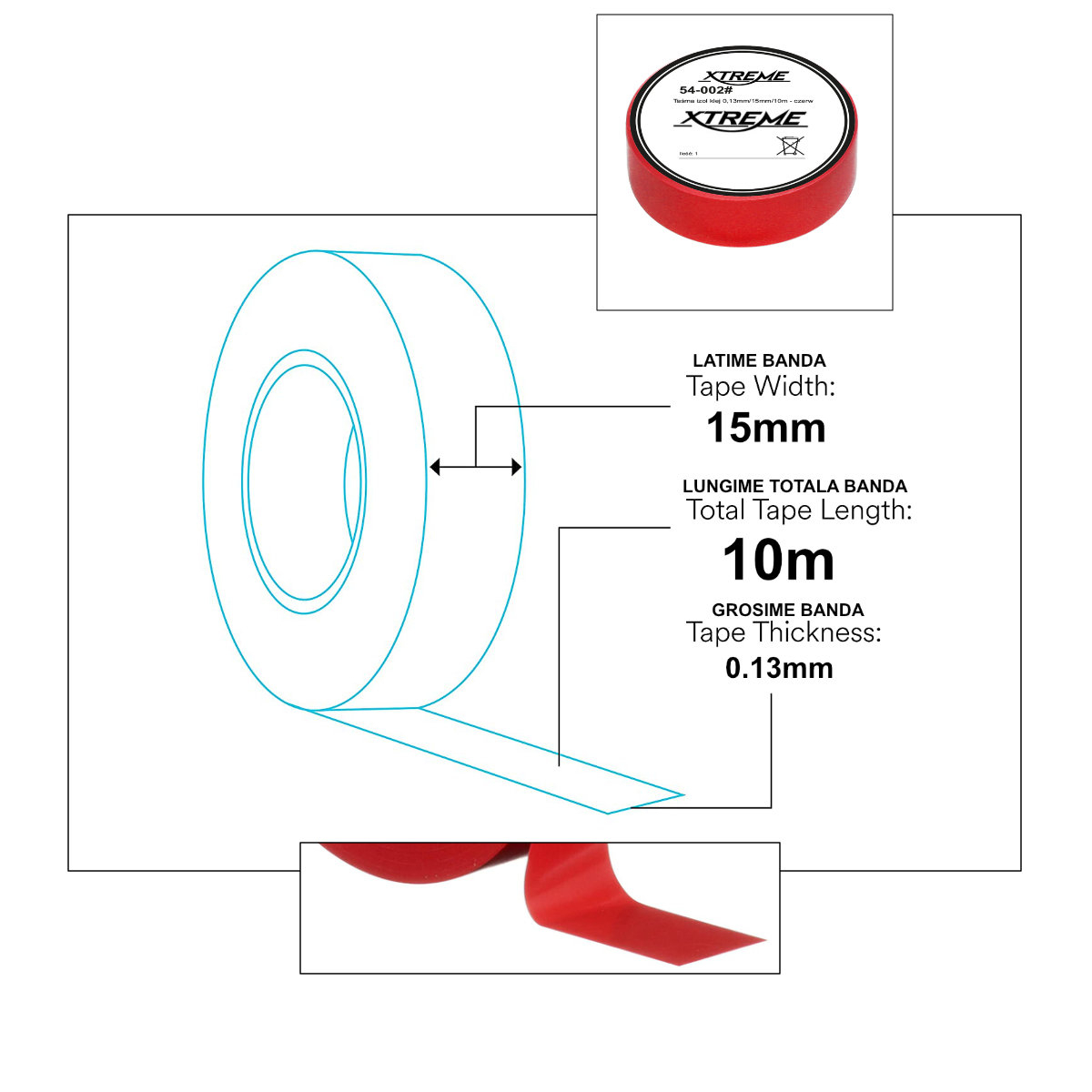 Banda izolatoare adeziva, XTREME 07052, 0.13mmx15mm, 10m lungime, PVC, rosie [2]