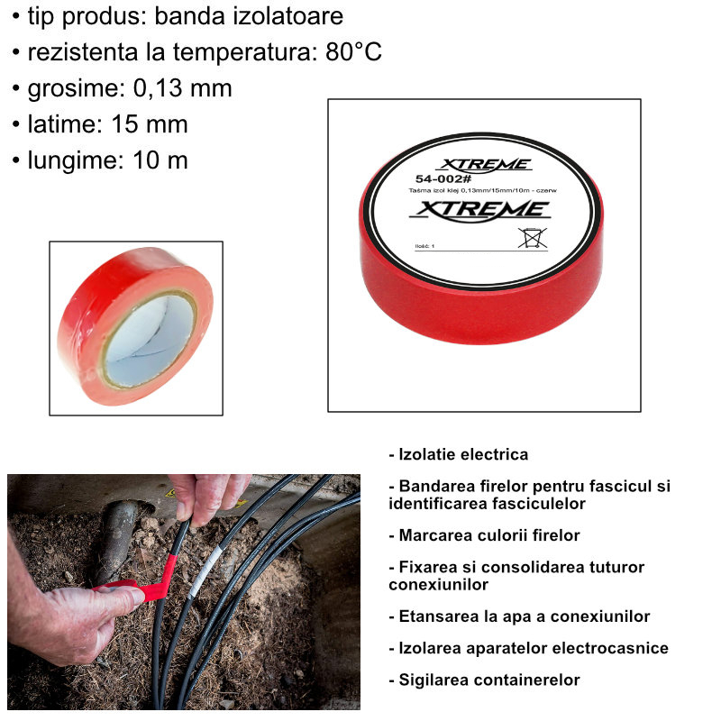 Banda izolatoare adeziva, XTREME 07052, 0.13mmx15mm, 10m lungime, PVC, rosie [4]
