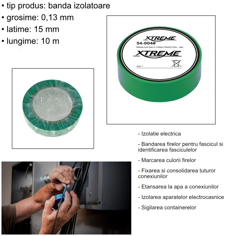 Banda izolatoare adeziva, XTREME 07054, 0.13mmx15mm, 10m lungime, PVC, verde [4]